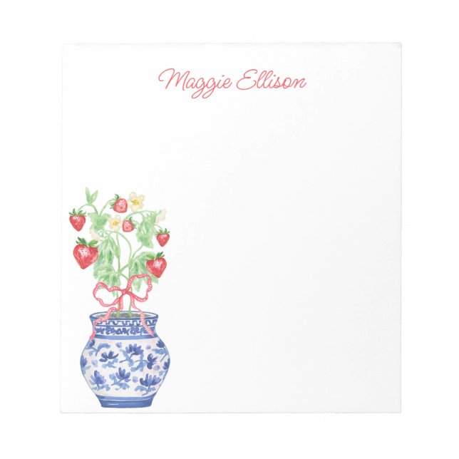 Chinoiserie Vase of Red Strawberries Personalised Notepad (Front)