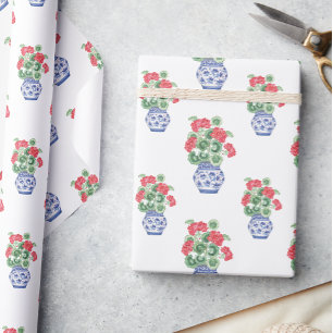 Chinoiserie Vases of Red Geraniums Wrapping Paper
