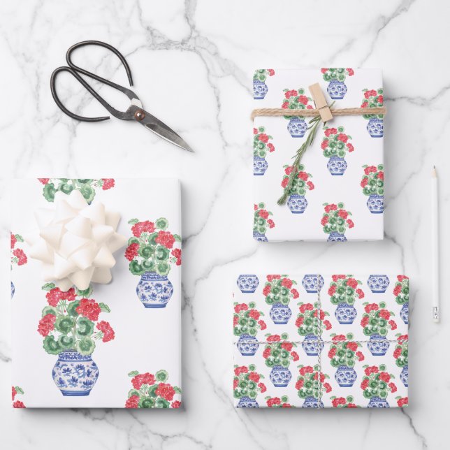 Chinoiserie Vases of Red Geraniums Wrapping Paper Sheet (Front)