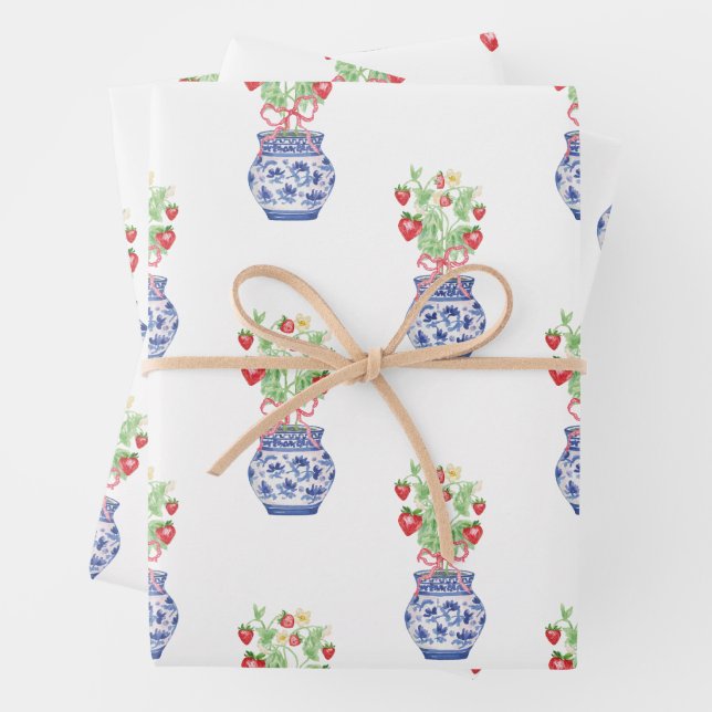 Chinoiserie Vases of Red Strawberries Wrapping Paper Sheet (In situ)