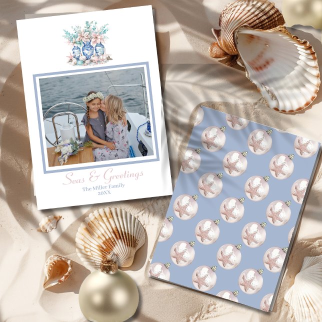 Chinoiserie Vases with Eucalyptus & Poinsettias  Holiday Card (Chinoiserie Vases with Eucalyptus & Poinsettias Holiday Card- front and back)