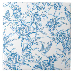Chinoiserie Vintage Blue Rose Floral Bird Ceramic Tile