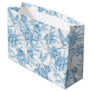 Chinoiserie Vintage Blue Rose Floral Bird Large Gift Bag