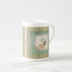 Chinoiserie Vintage Hummingbirds n Flowers Coral Bone China Mug