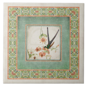 Chinoiserie Vintage Hummingbirds n Flowers Coral Ceramic Tile