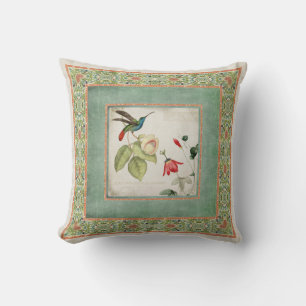 Chinoiserie Vintage Hummingbirds n Flowers Coral Cushion