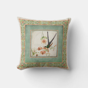 Chinoiserie Vintage Hummingbirds n Flowers Coral Cushion