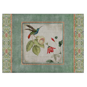 Chinoiserie Vintage Hummingbirds n Flowers Coral Cutting Board