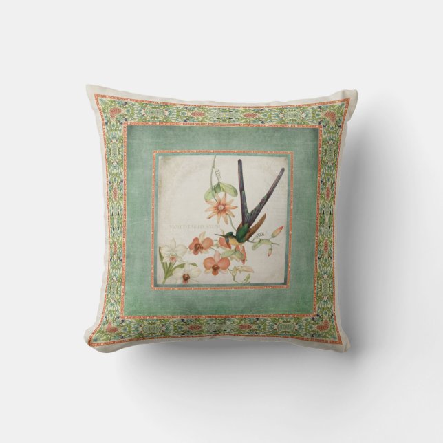 Chinoiserie Vintage Hummingbirds n Flowers Striped Cushion (Front)