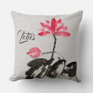Chinoiserie Vintage Ink Wash Painting Floral Lotus Cushion