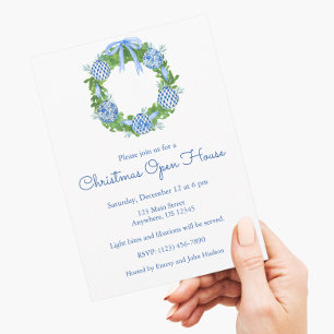 Chinoiserie Watercolor Blue Christmas Wreath Invitation