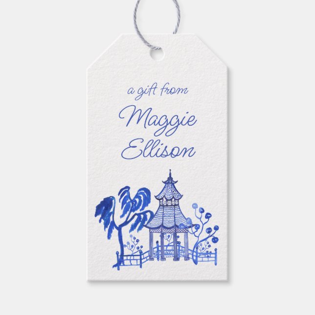 Chinoiserie Watercolor Blue Pagoda Gift Tags (Front)