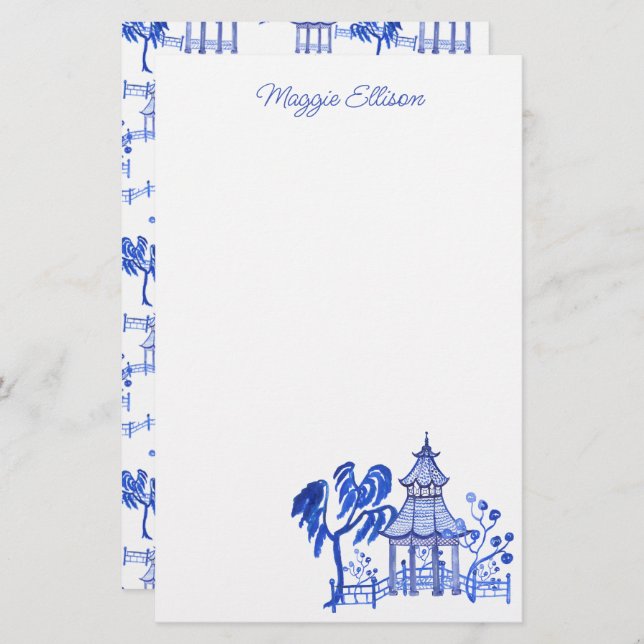 Chinoiserie Watercolor Blue Pagoda Stationery (Front/Back)