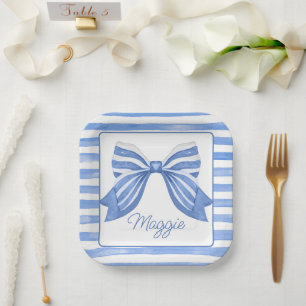 Chinoiserie Watercolor Blue Striped Bow Paper Plate