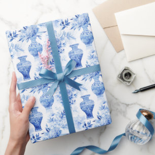 Chinoiserie Watercolor Blue & White Floral Vases Wrapping Paper