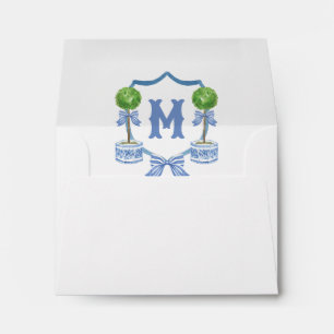Chinoiserie Watercolor Bow Topiary Monogram Crest Envelope