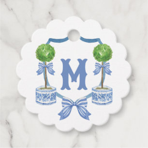 Chinoiserie Watercolor Bow Topiary Monogram Crest Favour Tags
