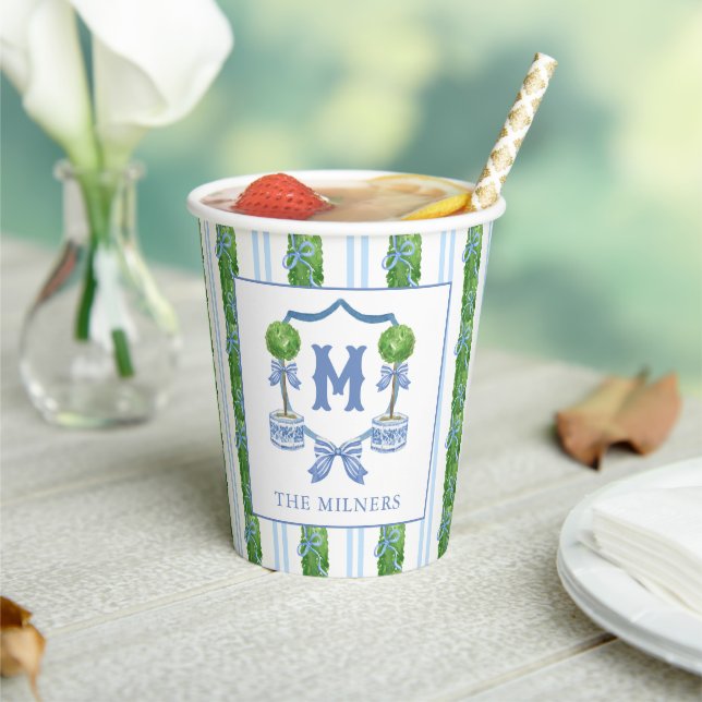 Chinoiserie Watercolor Bow Topiary Monogram Crest Paper Cups (Insitu)