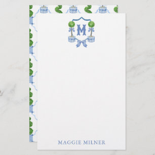 Chinoiserie Watercolor Bow Topiary Monogram Crest Stationery