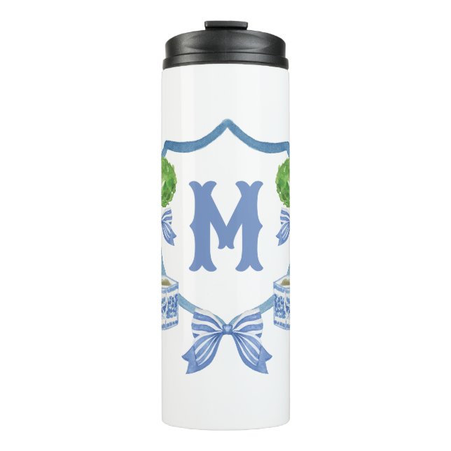 Chinoiserie Watercolor Bow Topiary Monogram Crest Thermal Tumbler (Front)