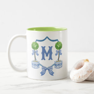 Chinoiserie Watercolor Bow Topiary Monogram Crest Two-Tone Coffee Mug