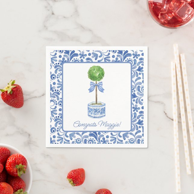 Chinoiserie Watercolor Bow Topiary Party Napkins (Insitu)