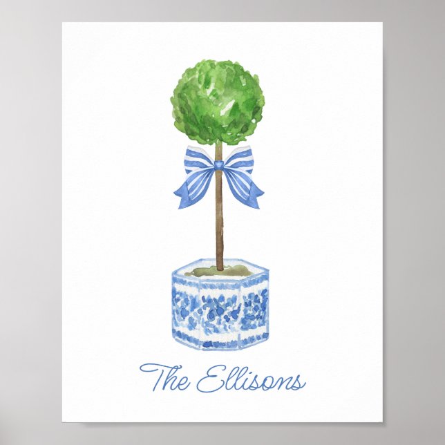 Chinoiserie Watercolor Bow Topiary Poster (Front)
