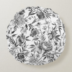 Chinoiserie Watercolor Floral Botanical Painting Round Cushion