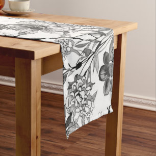 Chinoiserie Watercolor Floral Botanical Painting Short Table Runner