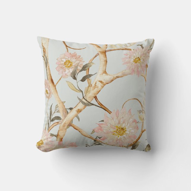 Chinoiserie Watercolor Floral Dusty Blue n Pink Cushion (Front)