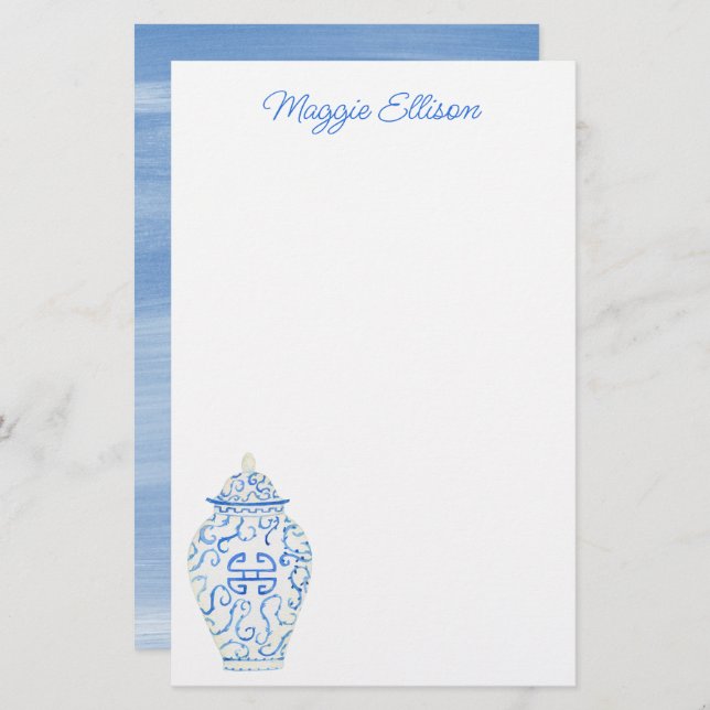 Chinoiserie Watercolor Ginger Jar Stationery (Front/Back)