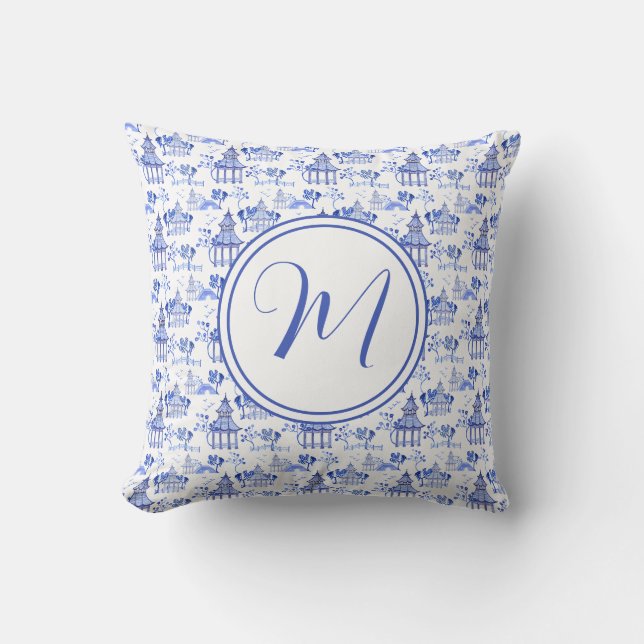 Chinoiserie Watercolor Pagoda Pattern Monogram Cushion (Front)