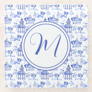 Chinoiserie Watercolor Pagoda Pattern Monogram Glass Coaster