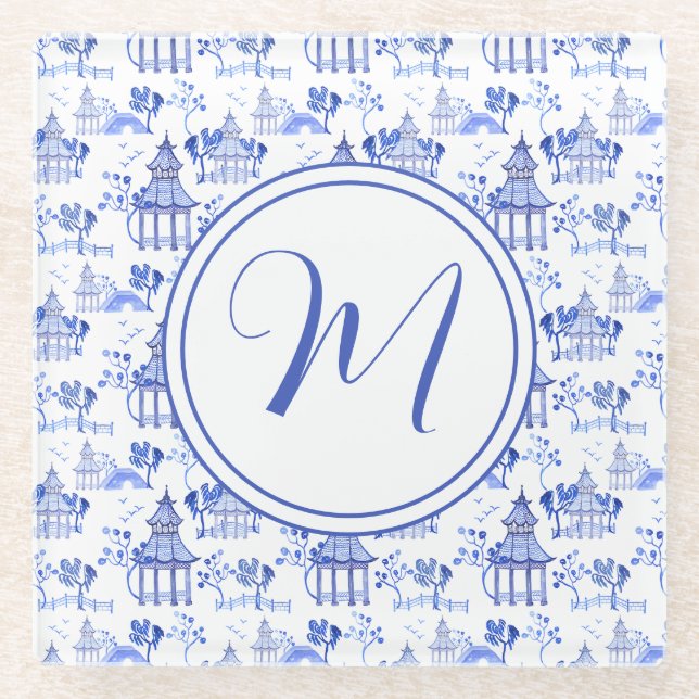 Chinoiserie Watercolor Pagoda Pattern Monogram Glass Coaster (Front)