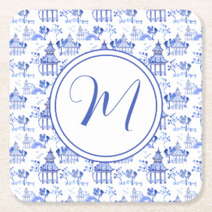 Chinoiserie Watercolor Pagoda Pattern Monogram Square Paper Coaster