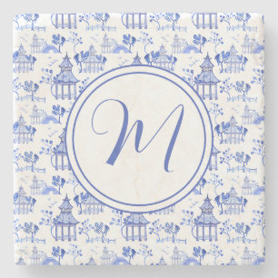 Chinoiserie Watercolor Pagoda Pattern Monogram Stone Coaster