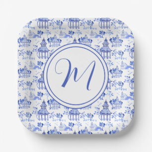 Chinoiserie Watercolor Pagoda Pattern Paper Plate