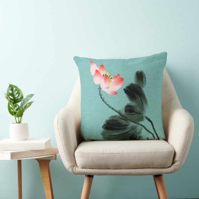 Chinoiserie Watercolor Painting Lotus Floral Cushion (Chair)