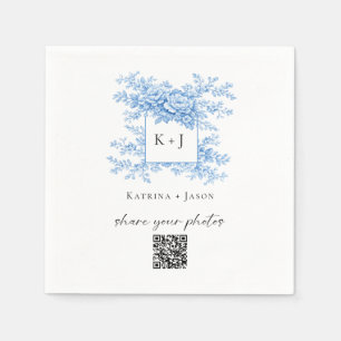 Chinoiserie Wedding Blue Floral QR Share Photos Napkin