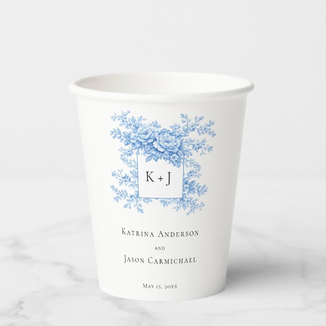 Chinoiserie Wedding Floral Monogram Elegant Paper Cups (Front)