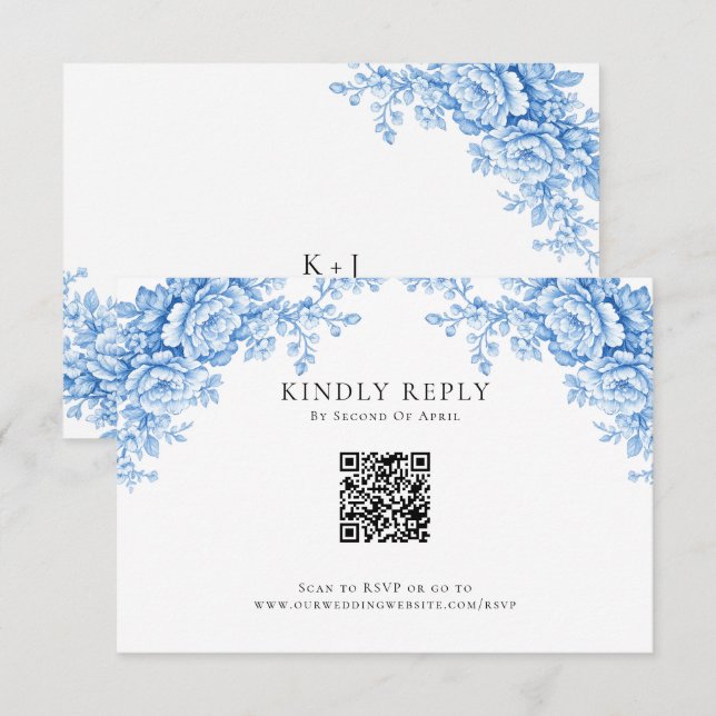 Chinoiserie Wedding Minimal Monogram RSVP QR Code Card (Front/Back)