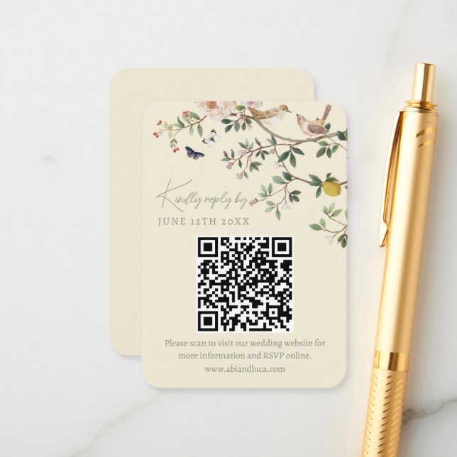 Chinoiserie Wedding Website RSVP QR Code  Enclosure Card (Front/Back In Situ)