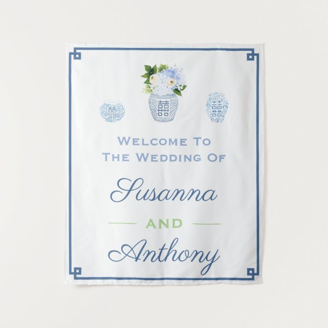 Chinoiserie Wedding Welcome Virtual Background Tap Tapestry (Front)