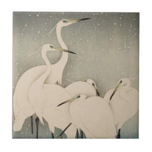 Chinoiserie White Egret Winter Snow Pattern Ceramic Tile