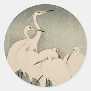 Chinoiserie White Egret Winter Snow Pattern Classic Round Sticker