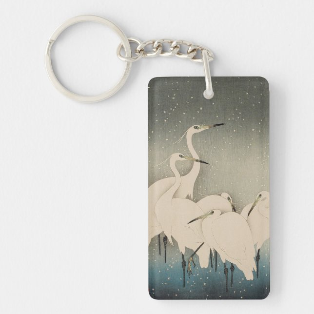 Chinoiserie White Egret Winter Snow Pattern Key Ring (Front)