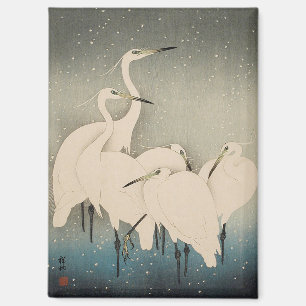 Chinoiserie White Egret Winter Snow Pattern Magnet