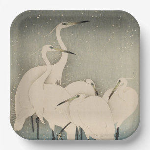 Chinoiserie White Egret Winter Snow Pattern Paper Plate