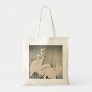 Chinoiserie White Egret Winter Snow Pattern Tote Bag