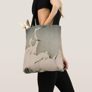 Chinoiserie White Egret Winter Snow Pattern Tote Bag